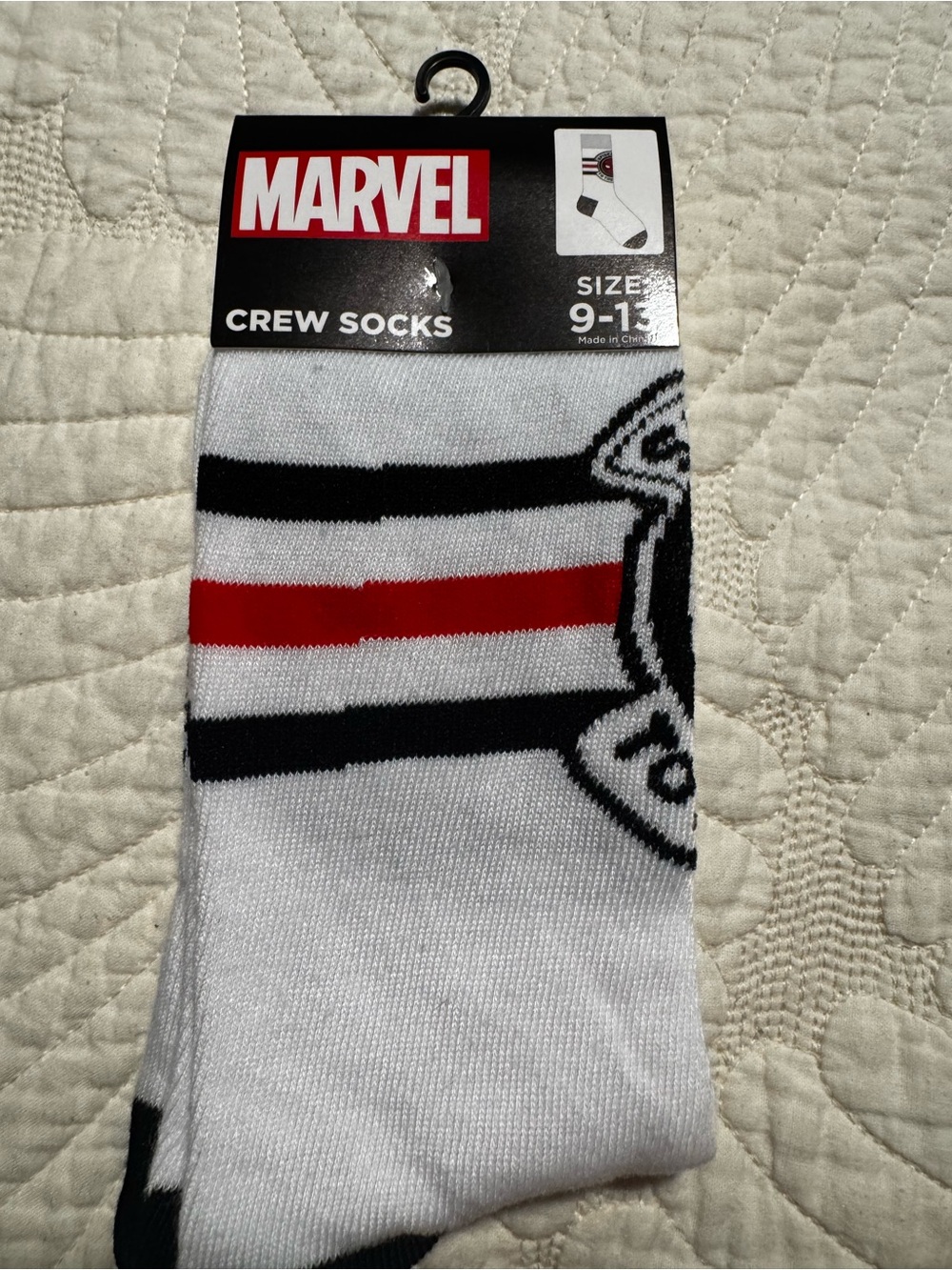 Marvel White Crew Socks with Black and Red Stripe Detail